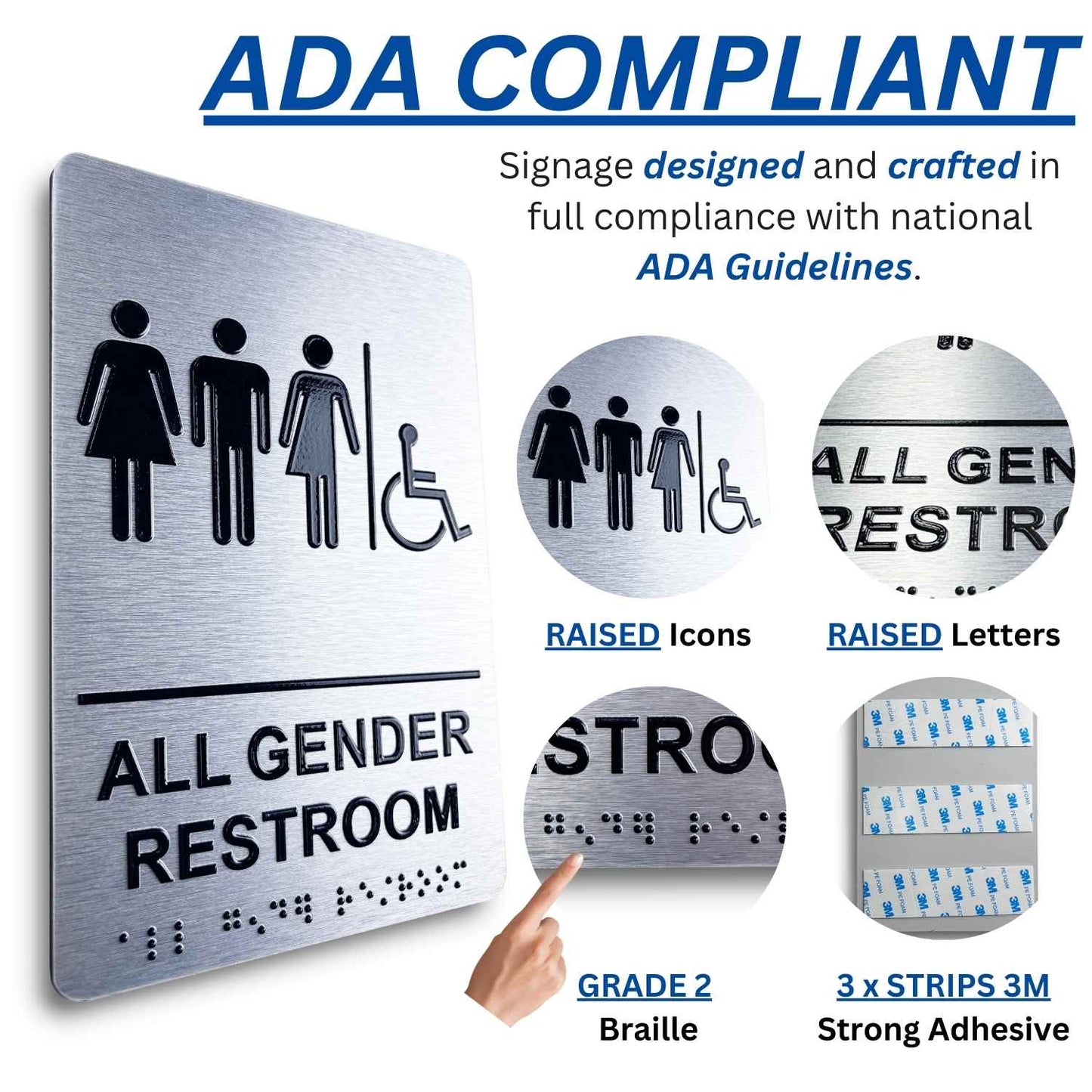 All Gender Restroom Sign, ADA Compliant, Wheelchair Accessible, Raised Icons, & Grade 2 Braille - Includes Adhesive Strips for Easy Installation - 6" W x 9" H (Brushed Aluminum) (All Gender With Wheelchair Accessible)