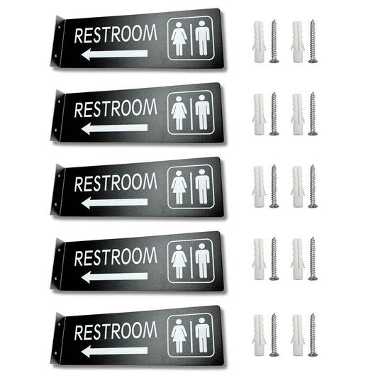 (5 Pack) Hallway Restroom Sign for Business, Bathroom Signs with Arrow, 4x12 Inches, Restroom Sign with Arrow, Double Sided, Indoor or Outdoor, Easy Installation (Matte Black)