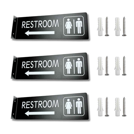 (3 Pack) Hallway Restroom Sign for Business, Bathroom Signs with Arrow, 4x12 Inches, Restroom Sign with Arrow, Double Sided, Indoor or Outdoor, Easy Installation (Matte Black)