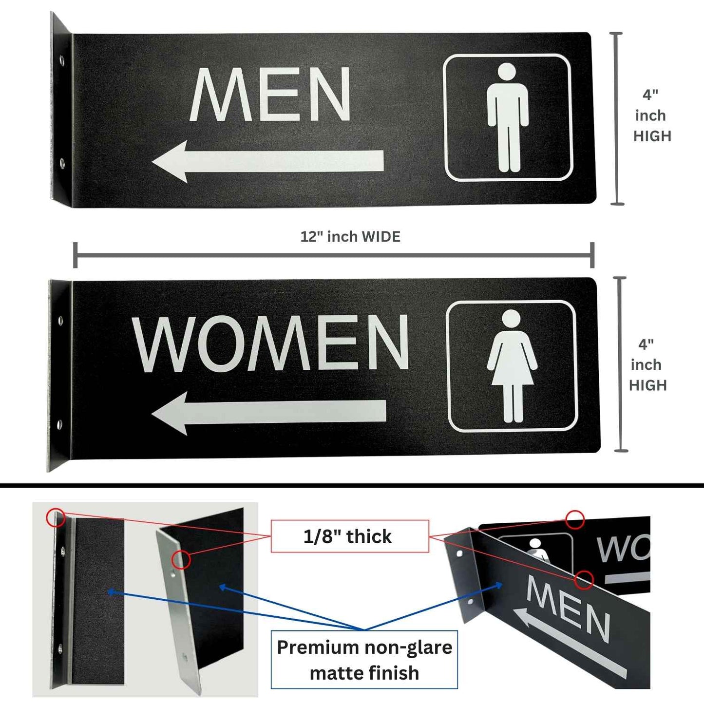 Men's Women's Restroom Sign for Business with Screws, 4x12 Inches, Double Sided Bathroom Hallway Sign, Easy Installation, for Indoor or Outdoor (Matte Black) (2Pack)