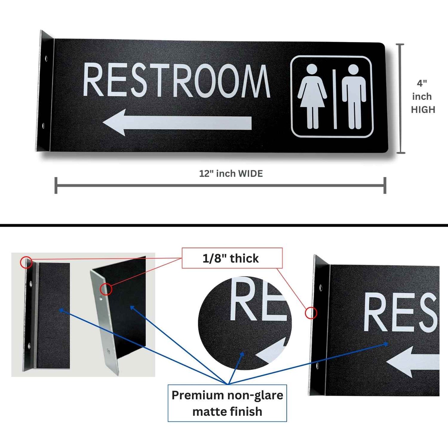 (3 Pack) Hallway Restroom Sign for Business, Bathroom Signs with Arrow, 4x12 Inches, Restroom Sign with Arrow, Double Sided, Indoor or Outdoor, Easy Installation (Matte Black)