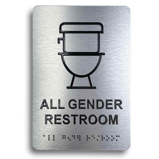 All Gender Restroom Sign, ADA Compliant, Wheelchair Accessible, Raised Icons, & Grade 2 Braille - Includes Adhesive Strips for Easy Installation - 6" W x 9" H (Brushed Aluminum) (All Gender With Toilet Icon)