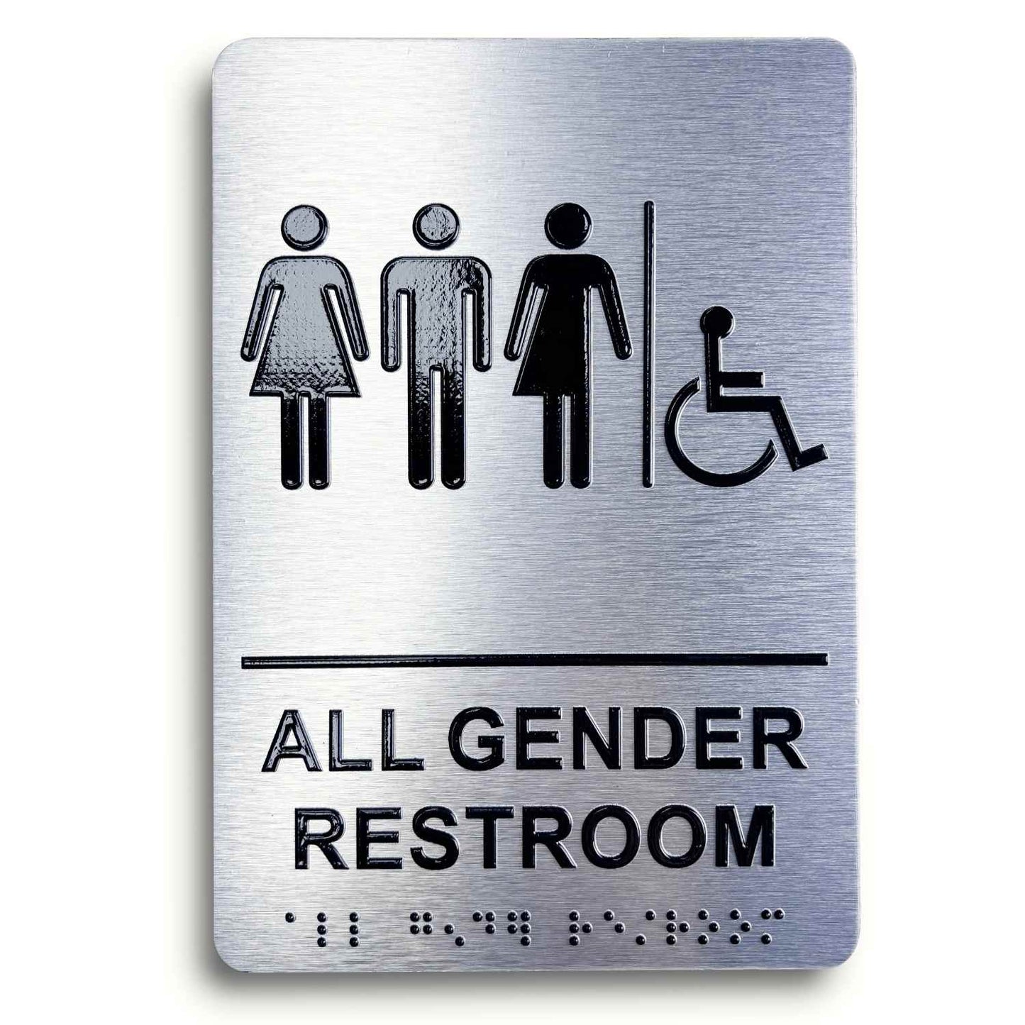 All Gender Restroom Sign, ADA Compliant, Wheelchair Accessible, Raised Icons, & Grade 2 Braille - Includes Adhesive Strips for Easy Installation - 6" W x 9" H (Brushed Aluminum) (All Gender With Wheelchair Accessible)