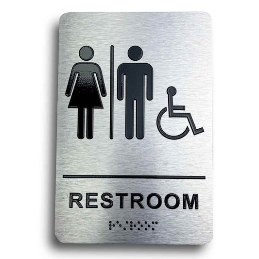 Restroom Sign, Aluminium, ADA Compliant, Wheelchair Accessible, Raised Icons, & Grade 2 Braille - Includes Adhesive Strips for Easy Installation - 6" W x 9" H (Brushed Aluminum) (Restroom Sign)