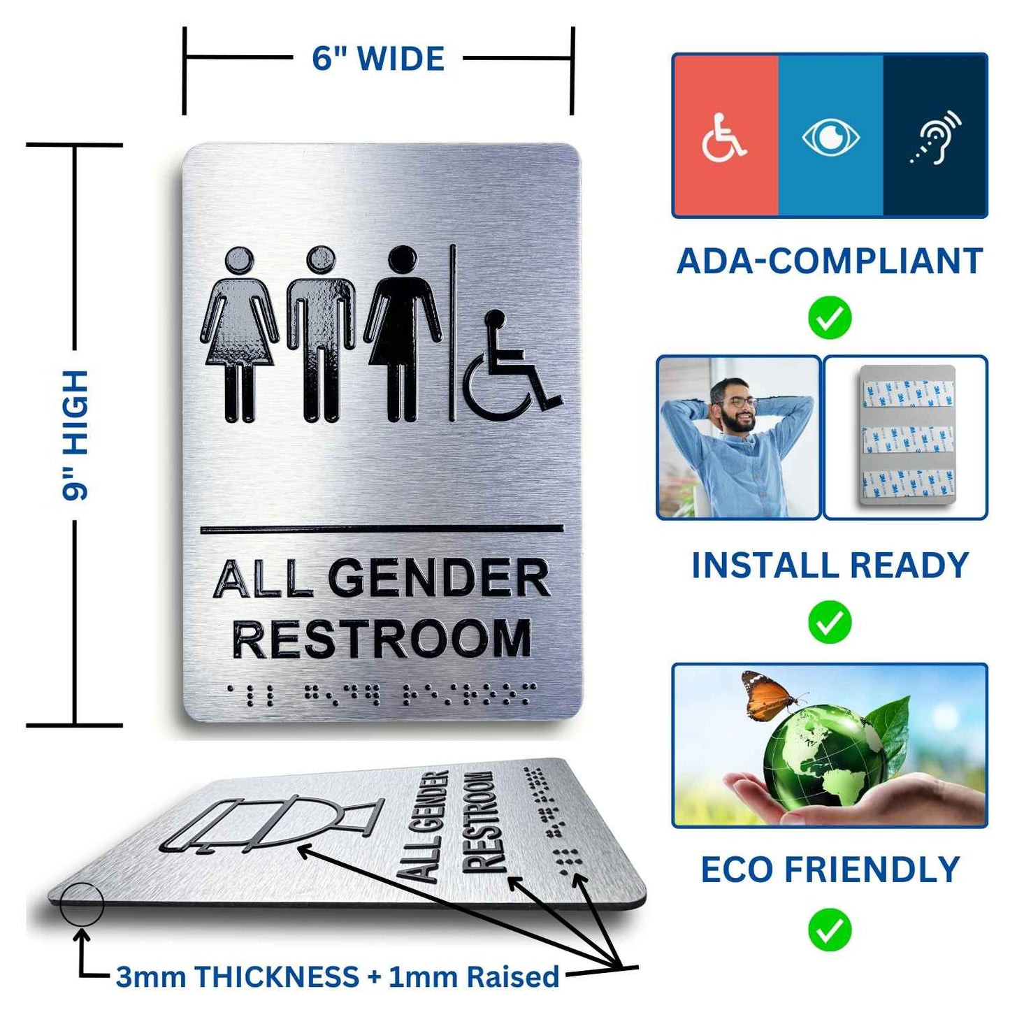 All Gender Restroom Sign, ADA Compliant, Wheelchair Accessible, Raised Icons, & Grade 2 Braille - Includes Adhesive Strips for Easy Installation - 6" W x 9" H (Brushed Aluminum) (All Gender With Wheelchair Accessible)