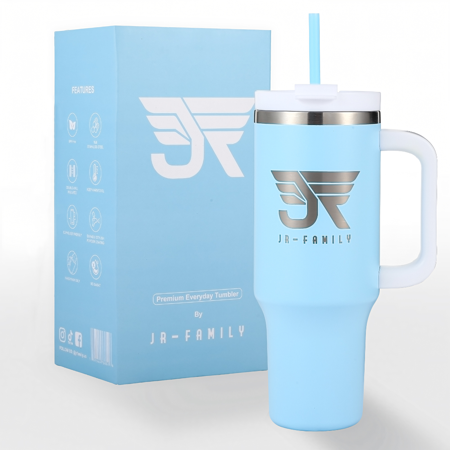 40oz Insulated Tumbler in Sky Blue - Spill Proof with Accessories